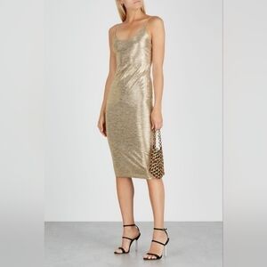 Alice + Olivia Delora Metallic Gold Midi Dress Size 2 Bodycon Cocktail Formal